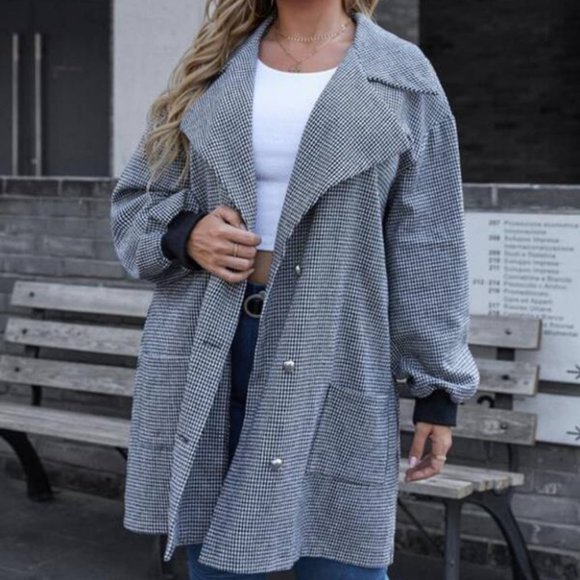 Plus Houndstooth Print Lantern Sleeve Double Breas - Picture 3 of 7